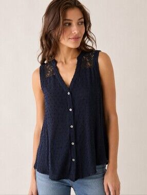 ❤️ ANTHROPOLOGIE EDME & ESYLLTE SWISS DOT NAVY LACE TOP, SLEEVELESS, 4